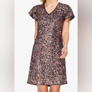 Vince Camuto Pink Sequin Overlay Lined Short Sleeve Mini Dress Misses 2